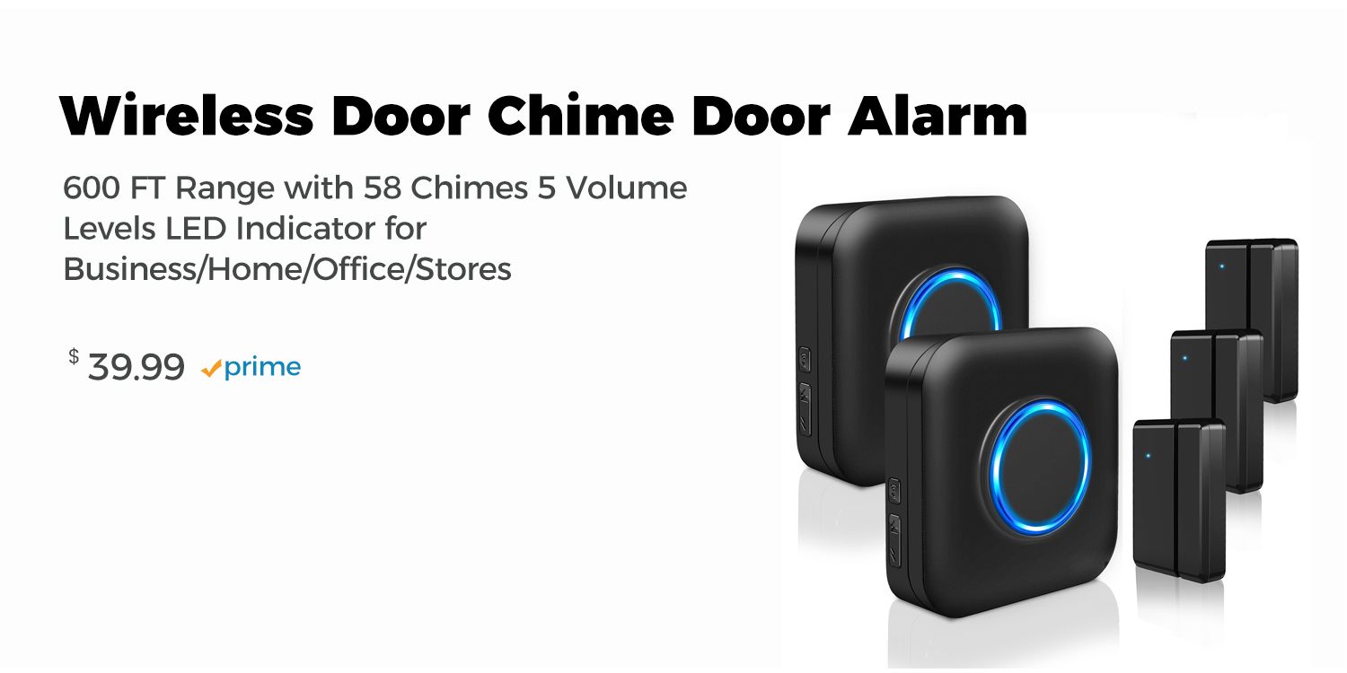 Wireless Door Chimes, BISTEE Door Alarm Sensor with 600ft Range 58 Chimes 5  Volume Level LED Indicators Door Chime for Business/Store/Home/Office When